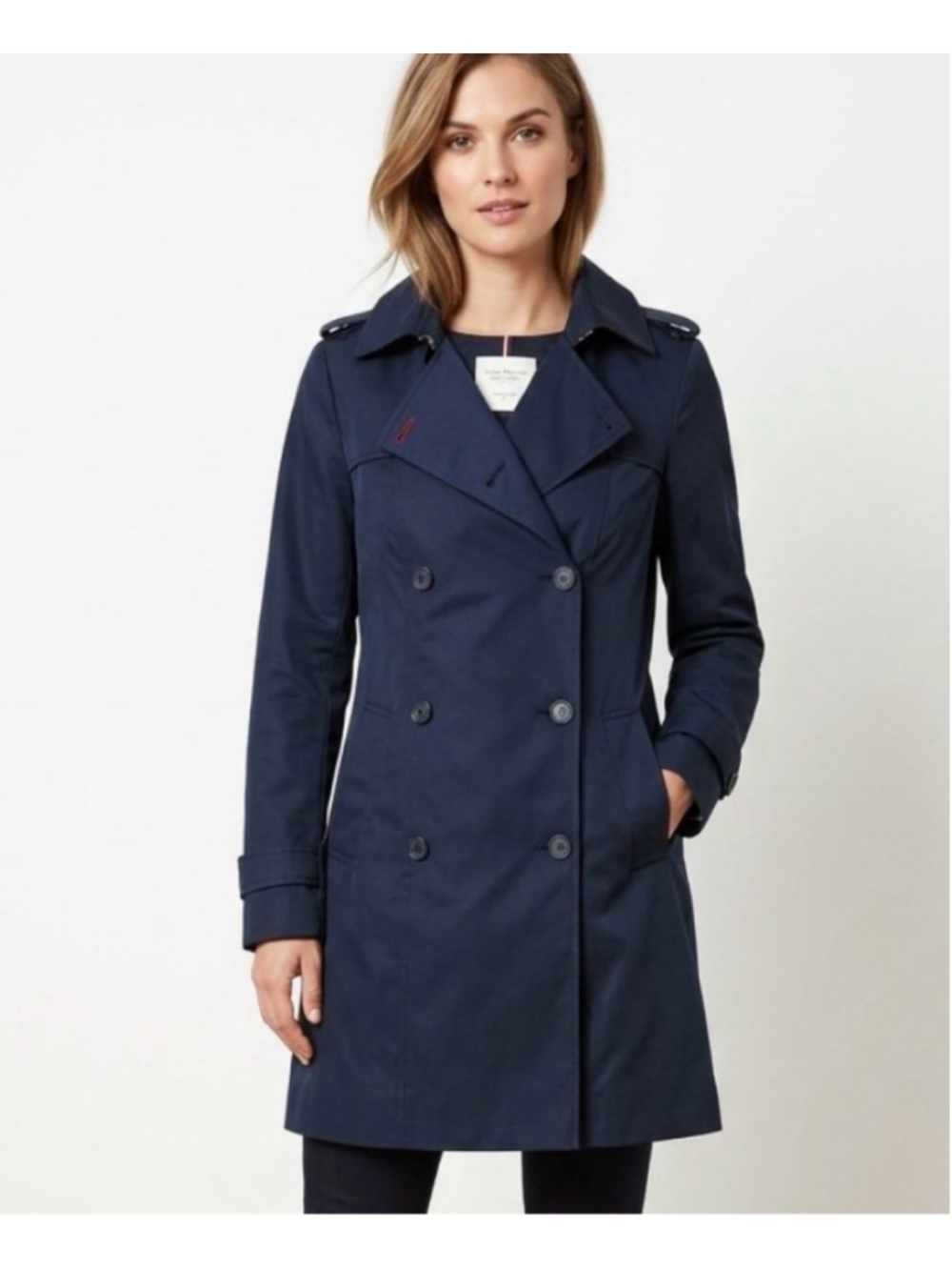 Tommy Hilfiger Women’s Navy Blue Double Breasted Hooded Trench Coat Jacket sizeM